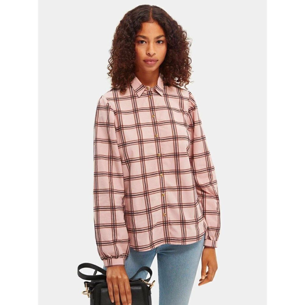 Scotch & Soda window pane plaid snap button down shirt top Sz M pink